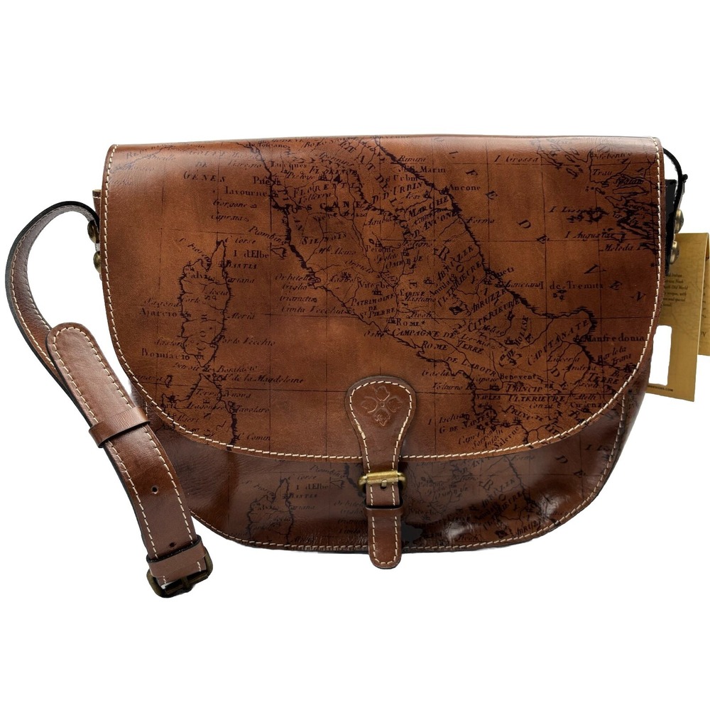 Patricia Nash Rosolini Leather Saddle Bag Satchel Crossbody Map Print Riot Rust